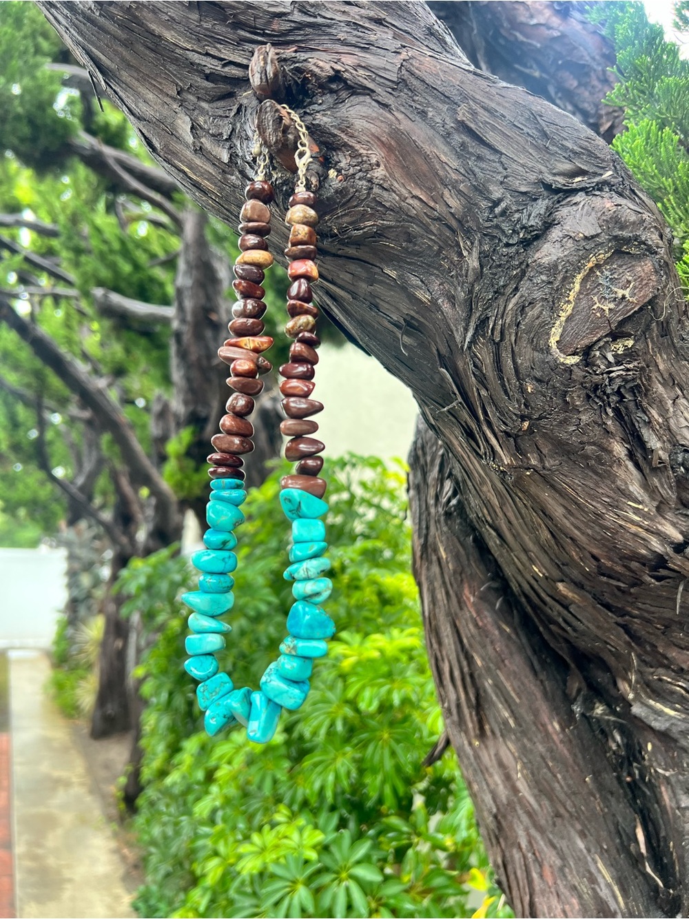Turquoise Chip and Brown Bead Necklace - Women Jewelry